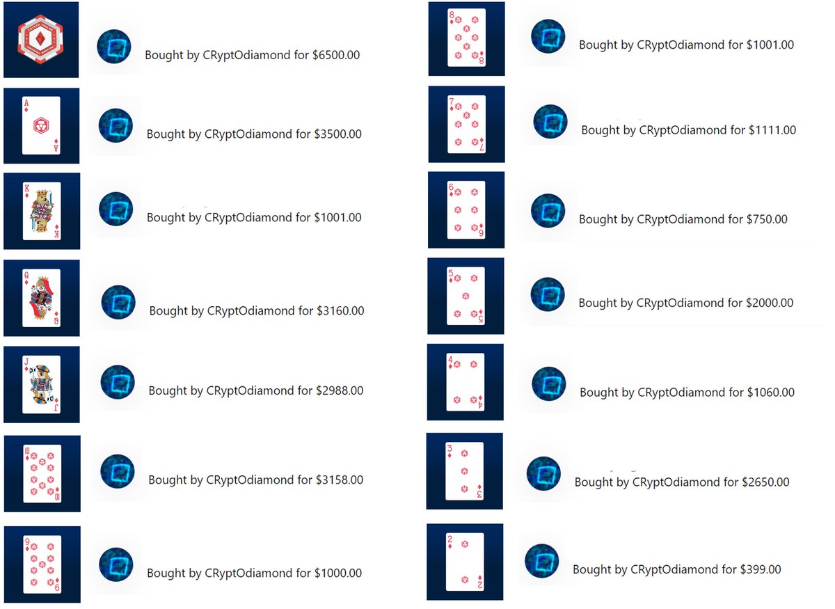 CRyptODiamond's tweet photo. Took 2 Months and $30,278 USD to patiently collect all the #1 Editions of A, 2, 3, 4, 5, 6, 7, 8, 9, 10, J, Q, K and Diamond Poker Chip from the first ever CryptoPoker Collection's Diamonds Suit @cryptocomnft #cryptopoker #cryptocards #fftb #nft https://t.co/eLlUJK5X7j
