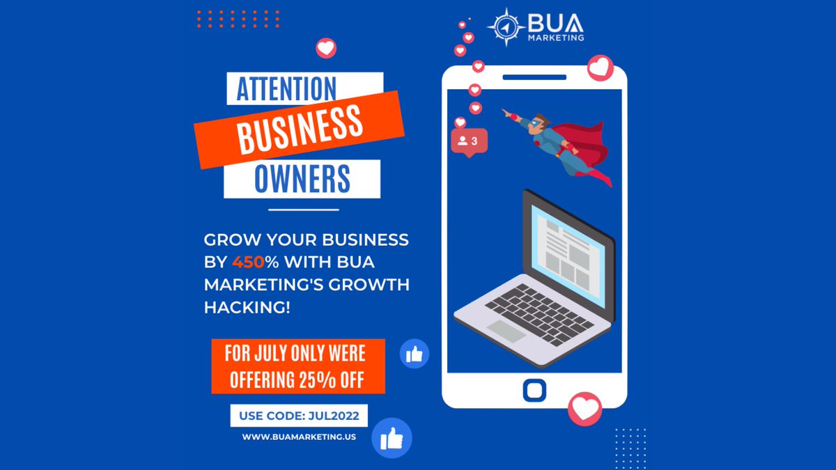 bua_marketing's tweet photo. Interested in growing your business but not sure where to start? We are offering 25% of our Growth Marketing Package for the month of July! Connect with us and learn how we can help you! https://t.co/17hZl69yvL Use code: JUL2022  #GrowthMarketing #BUAMarketing #DigitalMarketing https://t.co/8FOrbe7mqj