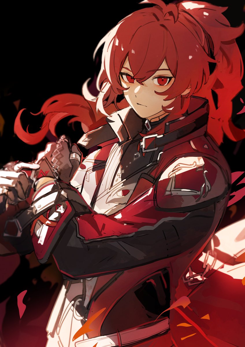 diluc (genshin impact) 1boy red eyes red hair male focus gloves solo long hair  illustration images