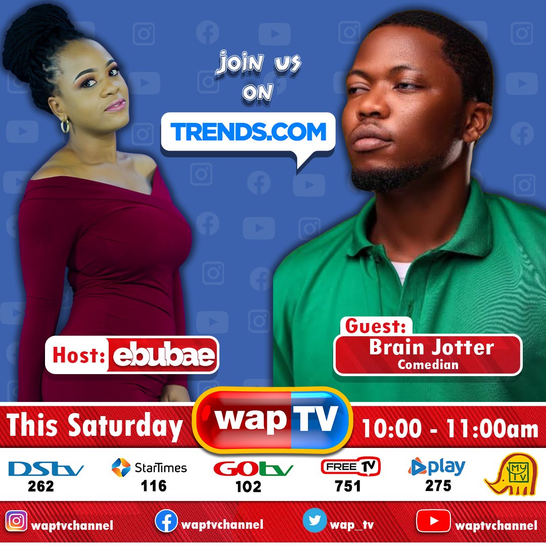 wap_tv's tweet photo. Set your reminders for this! ๐ฅ
Catch @brainjotter__ on #trends.com with
Tune in to #waptv tomorrow, 10:00 am to join the conversation.
#trendscom #brainjotter #TGIF #exclusiveinterview #naija #interview #familyentertainmentchannel #waptv https://t.co/Bj8jhxTLgi