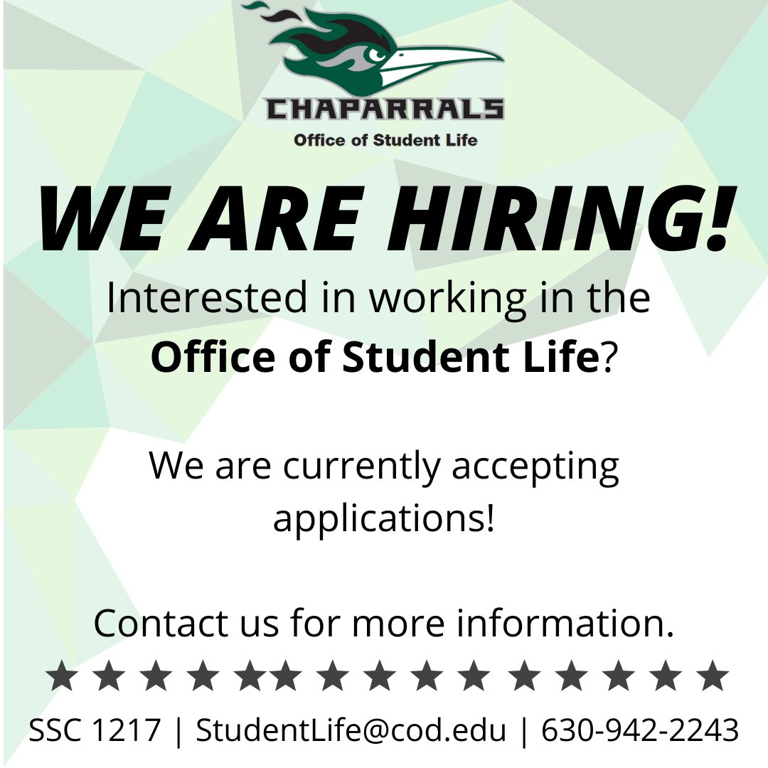 CODStudentLife's tweet photo. Hey Chaps! Looking for a job on-campus? Come work with us in the Office of Student Life! Email us at studentlife@cod.edu for more details.

#collegeofdupage #codstudentlife https://t.co/shGJ2HiQEG