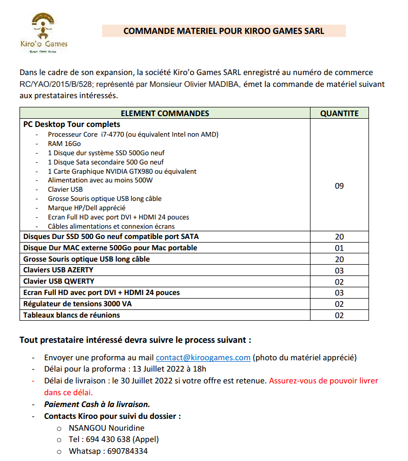 madibaOlivier's tweet photo. Kiroo Games commande du matériel informatique (Ydé)

Si vous avez des prestataires dans votre réseau qui peuvent livrer une bonne partie de ce qui est sur cette liste à Yaoundé, prière de leur faire suivre SVP

PDF à télécharger ici
https://t.co/MW9mkQojnE

RT apprécié https://t.co/eiq5x4gZ7r