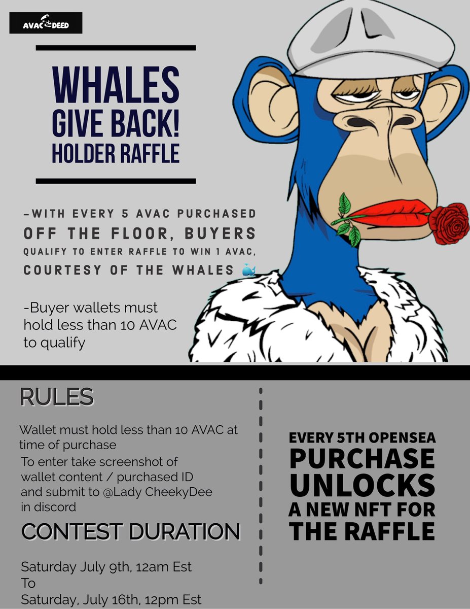 AVACPaul's tweet photo. The AVAC Whales of Generation I are giving back to the community with an exclusive Holder Raffle. This will run from July 9th to July 16th. 

Good Luck Everyone! https://t.co/1eQKYmkyrq