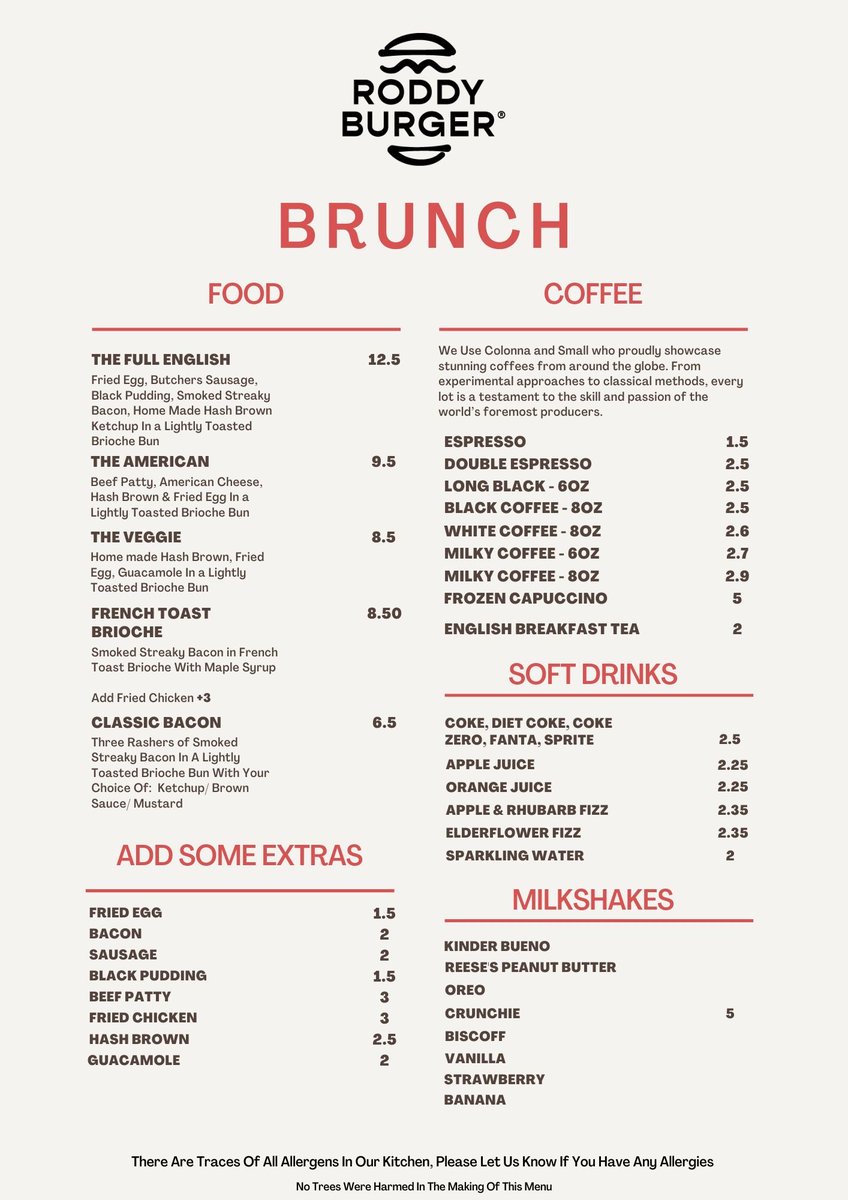 Because we are nice, here's our Brand New Brunch menu for you to look at before we launch it tomorrow at 9am! You can decide what you want before you come down. I know, we're good. 

#roddygoodbrunch #camdenroad #tunbridgewells  #brunchmenu #thenewbrunchintown