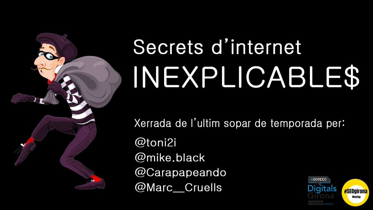 Esta tarde hago doblete en la cena de  <a href="/seogirona/">SEOgirona</a> y <a href="/DigitalsGirona/">Digitals Girona</a>

Doy charlita corta junto a  <a href="/toni2i/">toni2i |I*I|</a> <a href="/0MikeBlack/">Mike BlacK</a> y <a href="/Marc__Cruells/">Marc</a> y luego (la mejor parte claro) presento el concurso de chistes!

¿Quién se viene? :P