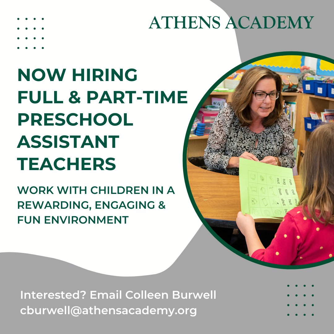 Athens Academy (@athens_academy) on Twitter photo Athens Academy is currently hiring FT and PT assistant teachers for Preschool. Email Colleen Burwell at cburwell@athensacademy.org or call 706-549-9225 for more information. Athens Academy is currently hiring FT and PT assistant teachers for Preschool. Email Colleen Burwell at cburwell@athensacademy.org or call 706-549-9225 for more information.