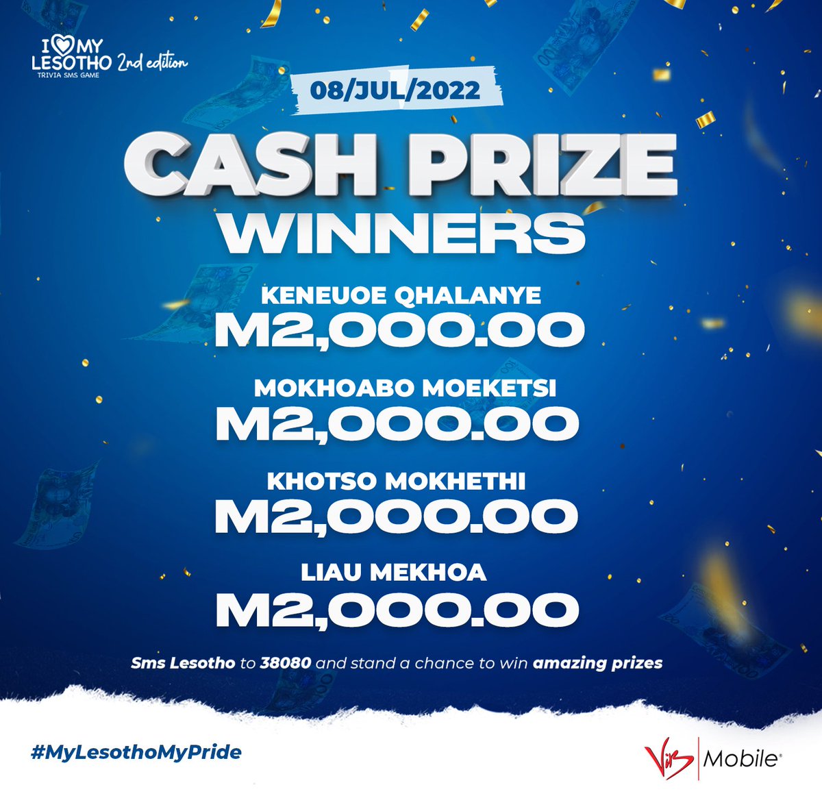 ViBMobileLs's tweet photo. 🤑 M8 000 WON 🤑 by *4* players in this week's Cash Prize Giveaway! Congratulations bahloli ba baholo! 🥳

Sms LESOTHO to 38080 &amp; follow the prompts. YOU could win next week 🤩.

#ILML #ILoveMyLesothoTriviaSMSGame #MyLesothoMyPride #LetsViBe #ViBMobileLesotho https://t.co/ZZWGWX6yBb