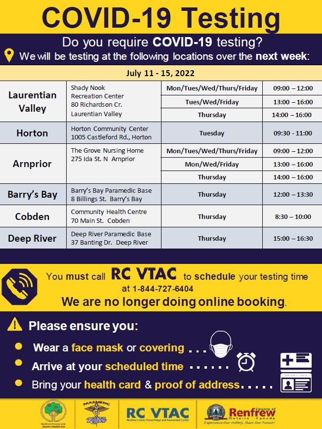 rcvtac's tweet photo. Next weeks #COVID19 testing schedule is now available below. Please call RCVTAC at 1-844-727-6404 in order to book https://t.co/jVZztGMtia