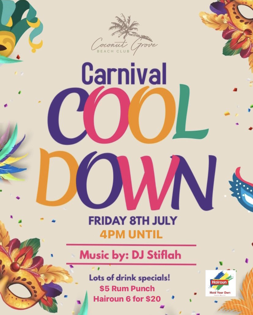 CoconutGroveSVG's tweet photo. Vincy Mas is over but the fun isn’t! 😎
Join us for a cool down at @coconutgrovesvg today!
$5 Rum punches!
Hairoun Beers 6 for $20!
&amp; more!!
Our delicious food menu will be available!
Grab a friend and see you all later! 🕺🏽💃 #TGIF https://t.co/M5VxLlYgHV