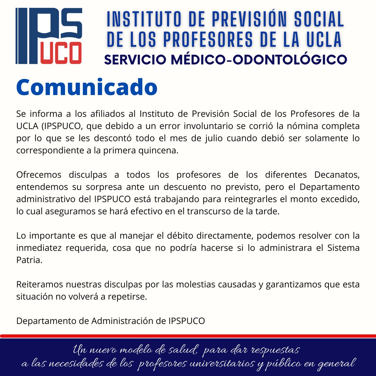 ipspuco2's tweet photo. COMUNICADO IPSPUCO
Reiteramos nuestras disculpas por las molestias causadas y garantizamos que esta situación no volverá a repetirse. 

#ipspuco
@uclave
#comunicado https://t.co/nq9lR9LO2A
