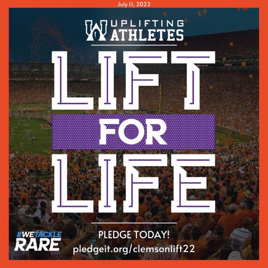 Monday is our annual @ClemsonFB Lift For Life with @UpliftingAth ! Please, help us raise awareness for people impacted by rare diseases and fund rare disease research by making a pledge per bench rep here! ➡️ pledgeit.org/clemsonlift22 #WeTackleRare