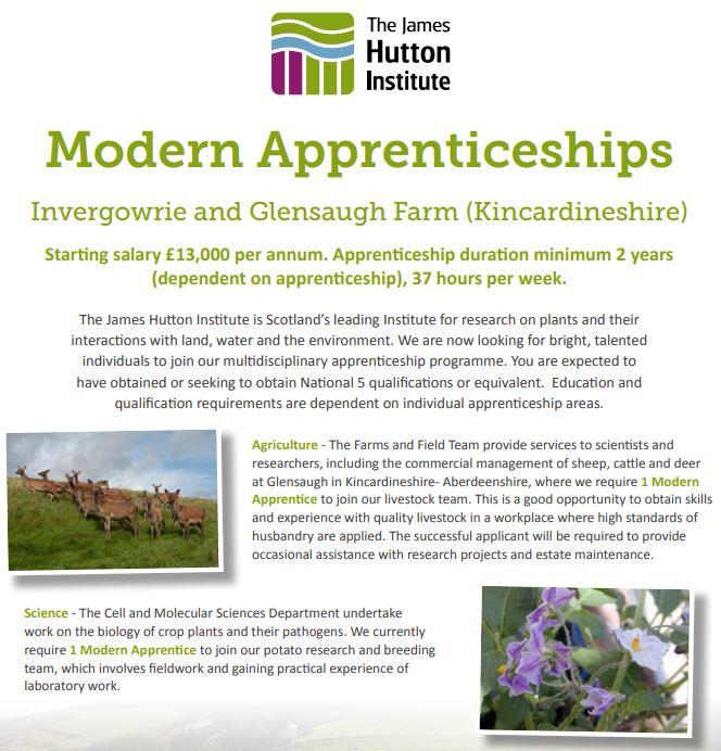 Join our #ModernApprenticeships programme! Vacancies are available in #agriculture (Glensaugh Farm) and #science (Invergowrie). Details at hutton.current-vacancies.com/Careers/JHI%20…. Closing date 7th August so #applynow!