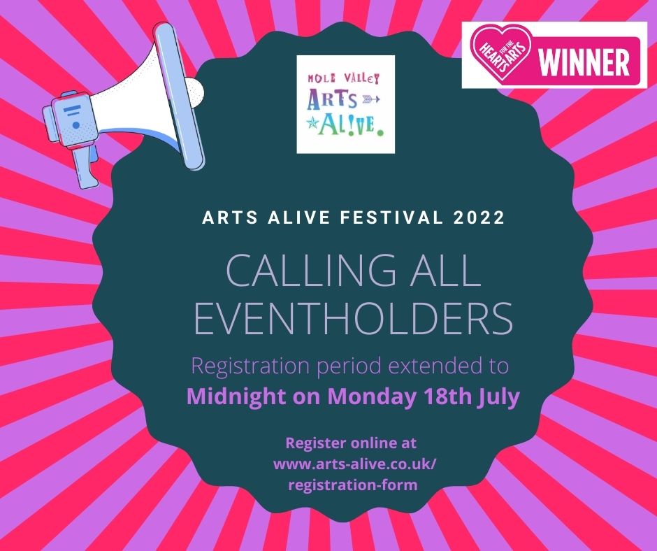 ArtsAliveMV's tweet photo. ⭐ Mole Valley Arts Alive Festival - 1st-31st October 2022 

STOP PRESS - 
📣 Thx to everyone already registered for #mvartsalive 2022.  You're fabulous!  For those who need extra time, event registration is now EXTENDED to Mon 18th July.  #joinin

https://t.co/USGh5cP8Qu https://t.co/IejPamcWzP