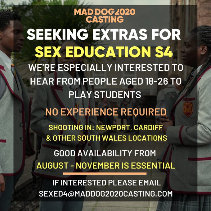 #Casting seeking #extras for 𝗦𝗘𝗫 𝗘𝗗𝗨𝗖𝗔𝗧𝗜𝗢𝗡 𝗦𝟰
𝗦𝗵𝗼𝗼𝘁𝗶𝗻𝗴 𝗶𝗻: Newport, Cardiff and Other South Wales locations.
If interested please email: sexed4@maddog2020casting.com