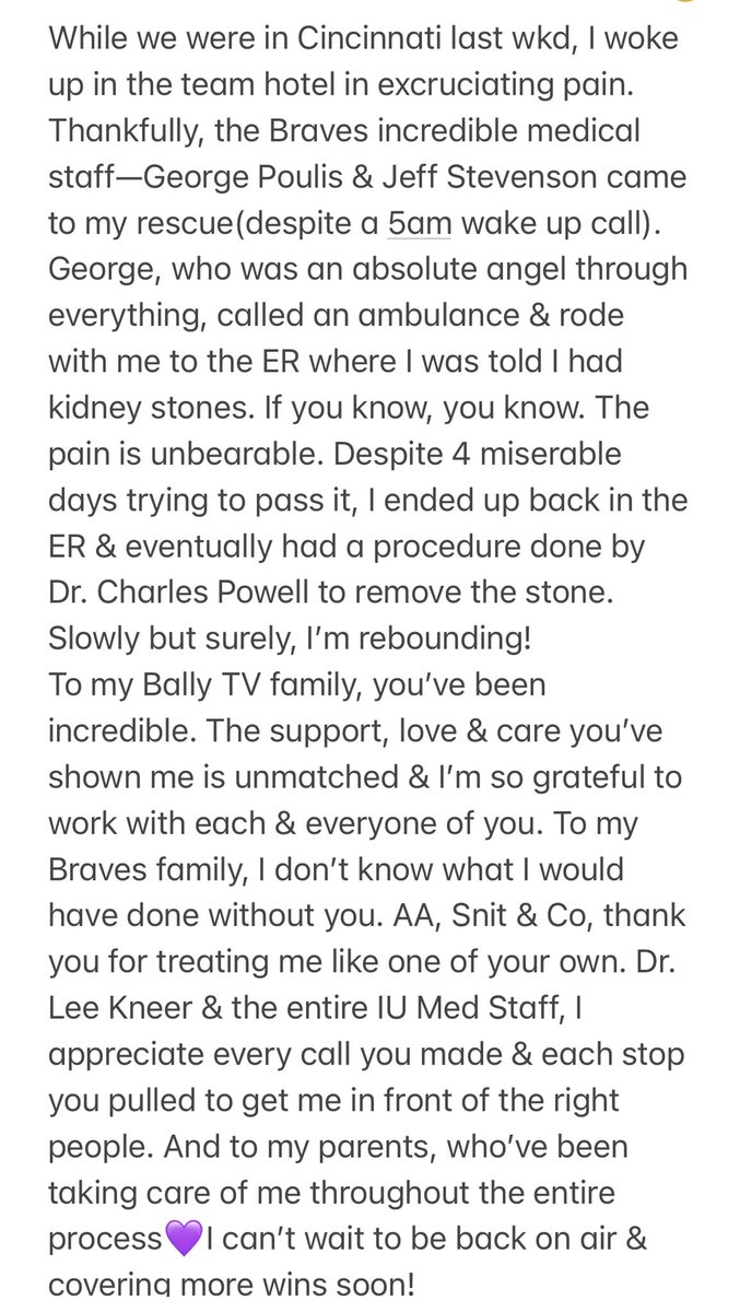 Kelly_Crull's tweet photo. To everyone who has reached out, sent uplifting messages &amp; prayed for me this week, I can’t even begin to express my gratitude🙏🏻 
The good news, I am officially on the mend &amp; hope to be back covering Braves baseball very soon!! Here’s a quick update👇🏼 https://t.co/nbSp2h40S5