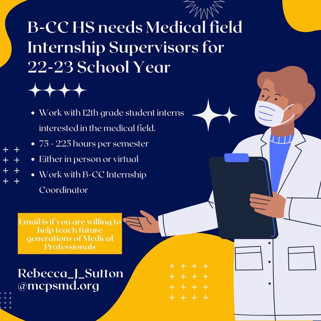 OfficialBCCHS's tweet photo. We still have students interested in the medical field looking for internships for the 22-23 school year.  Please email Rebecca_J_Sutton@mcpsmd.org if you are interested in having a student intern this year! @TGBChamber @GSSChamber @WRBethesda @NIH https://t.co/m86xuIkAZj