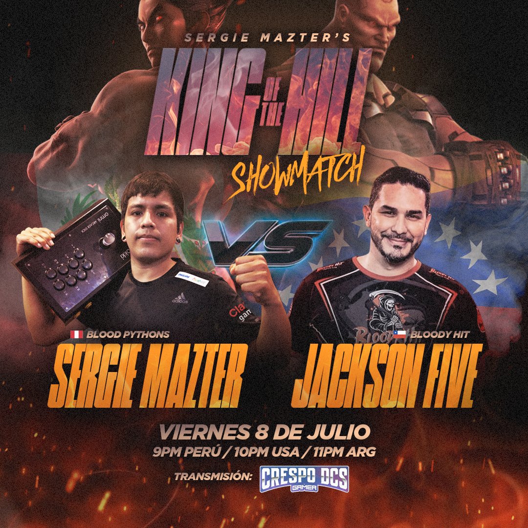 El día de hoy <a href="/SergieMazter/">ALL | Sergie Mazter</a> 🇵🇪 y <a href="/JacksonFive_ve/">JacksonFive</a> 🇻🇪
 se estarán enfrentando en la primera edición de King of The Hill Showmatch.

¿Estás listo para la acción? 🔥🔥

🖥: bit.ly/3Pbaj1c
🇵🇪: 9:00 pm 🇺🇸:10:00 pm 🇦🇷:11:00 pm