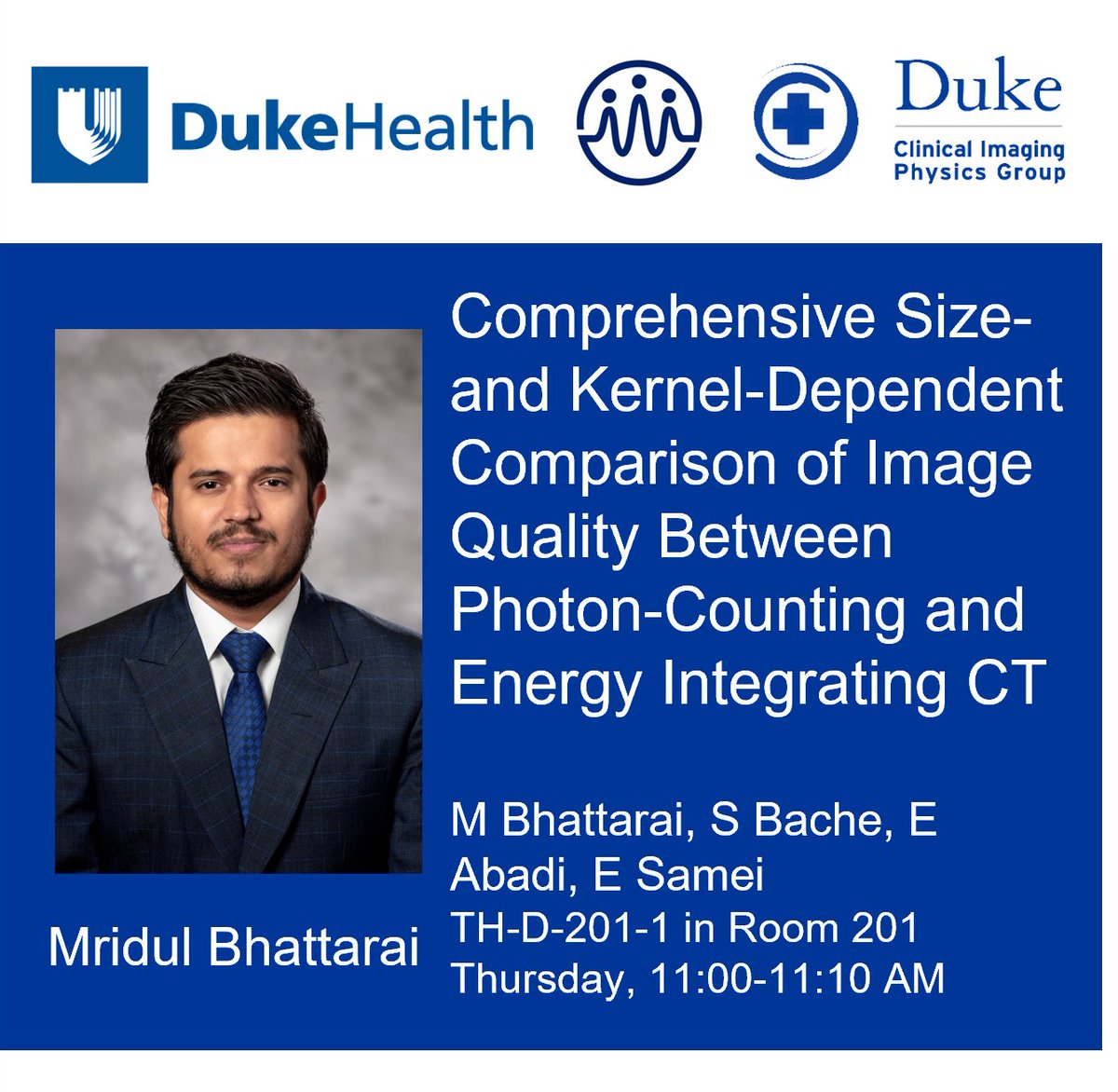 Join Steve (presenting co-author) in Rm 201 at 11:00 today for 'Comprehensive Size- and Kernel-Dependent Comparison of Image Quality Between Photon-Counting and Energy Integrating CT' @ehsanabadi1 @EhsanSamei #VirtualImagingTrials #AAPM2022