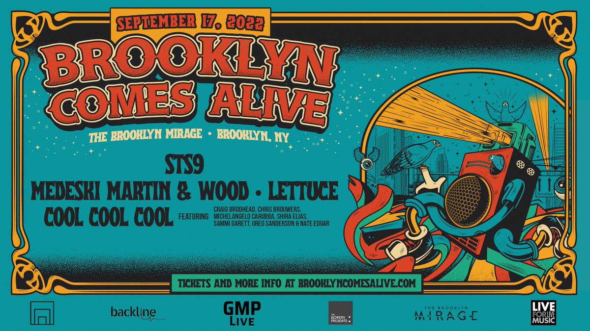 The Brooklyn Comes Alive lineup is HERE! 💥 We are thrilled to return to @BrooklynMirage on 9/17 with @STS9, @MMWBand, @lettucefunk, and the debut of Cool Cool Cool, a new project from Turkuaz members. General on-sale begins this Fri 7/15 at 12 PM ET. 🎫: brooklyncomesalive.com