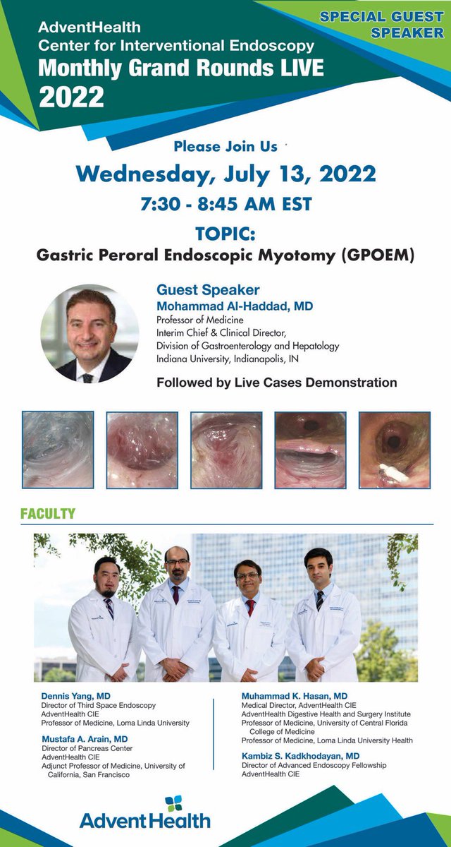 Mariam Naveed, MD (@mn_gimd) on Twitter photo Please join us Wednesday, July 13th, 2022 for <a href="/AdventHealthCFL/">AdventHealth Central Florida</a> CIE’s next educational Grand Rounds Live Webinar #GITwitter <a href="/DrHasan_Orlando/">MK Hasan</a>
Topic: Gastric Peroral Endoscopic Myotomy (GPOEM)
Expert: <a href="/alhaddad_mo/">Mohammad Al-Haddad, FASGE,FACG, AGAF</a>
Link to register:
lnkd.in/gWYKYcaF Please join us Wednesday, July 13th, 2022 for <a href="/AdventHealthCFL/">AdventHealth Central Florida</a> CIE’s next educational Grand Rounds Live Webinar #GITwitter <a href="/DrHasan_Orlando/">MK Hasan</a>
Topic: Gastric Peroral Endoscopic Myotomy (GPOEM)
Expert: <a href="/alhaddad_mo/">Mohammad Al-Haddad, FASGE,FACG, AGAF</a>
Link to register:
lnkd.in/gWYKYcaF