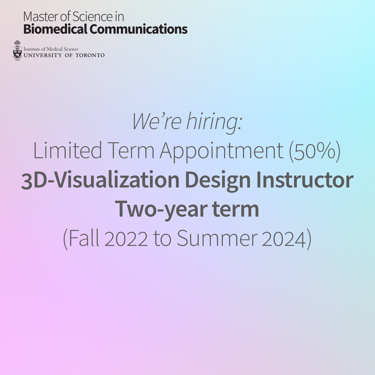 MScBMC's tweet photo. We're hiring. Limited Term Appointment: 3D-Visualization Design Instructor, Fall 2022 to Summer 2024. https://t.co/xCMIwfriMQ Apply by August 8, 2022.
@theBMCAA @AMIdotorg
#3dmodeling #3Dmodelling #3Danimation #cinematicdesign #scientificvisualisation #scientificvisualization https://t.co/LF2T5ACzyo