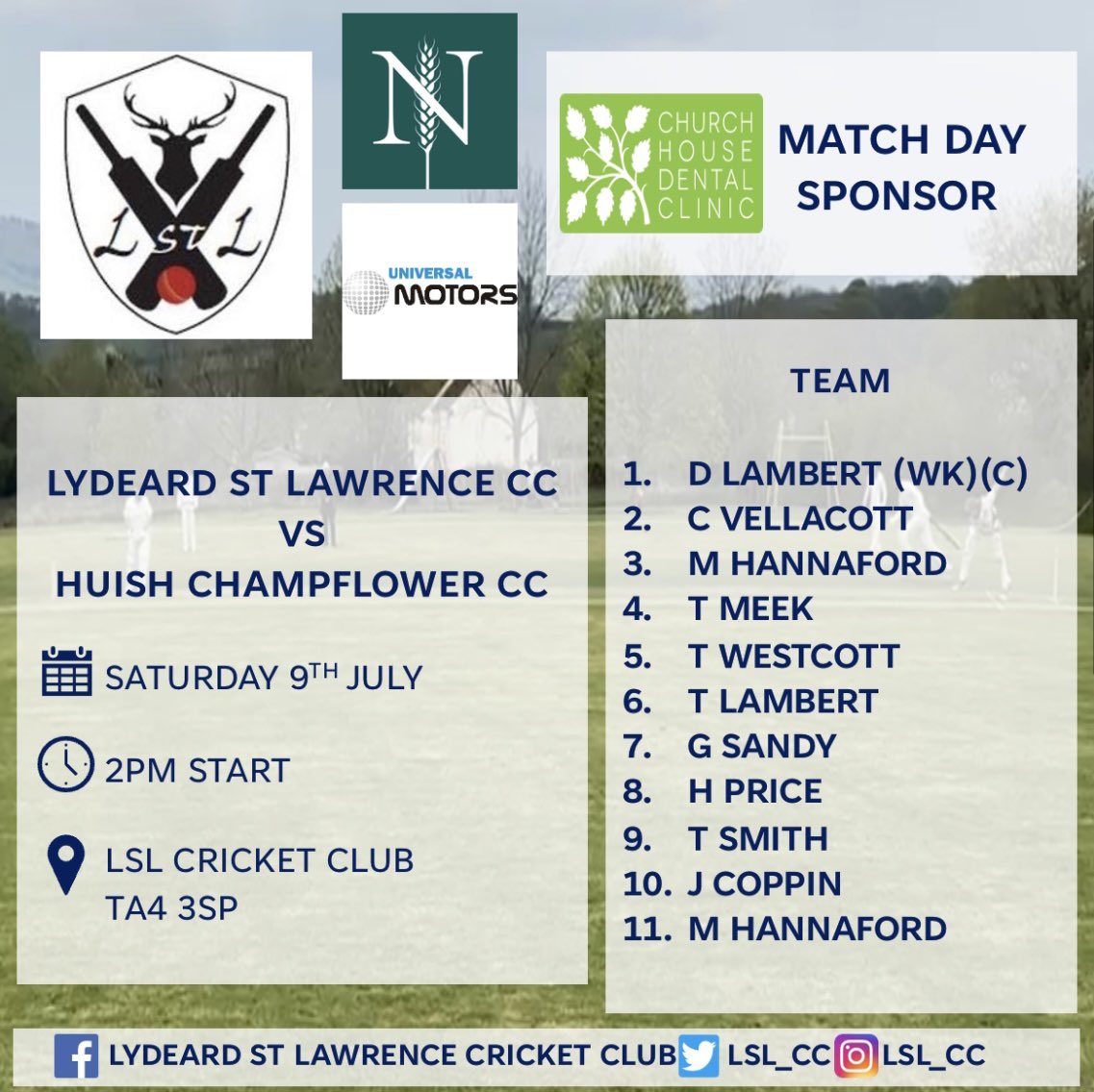 We host Huish Champflower CC tomorrow.

Our Match Day Sponsor is <a href="/ChurchHouse__/">ChurchHouseDental</a> Thank you to them for their support. 

#WeAreLSL