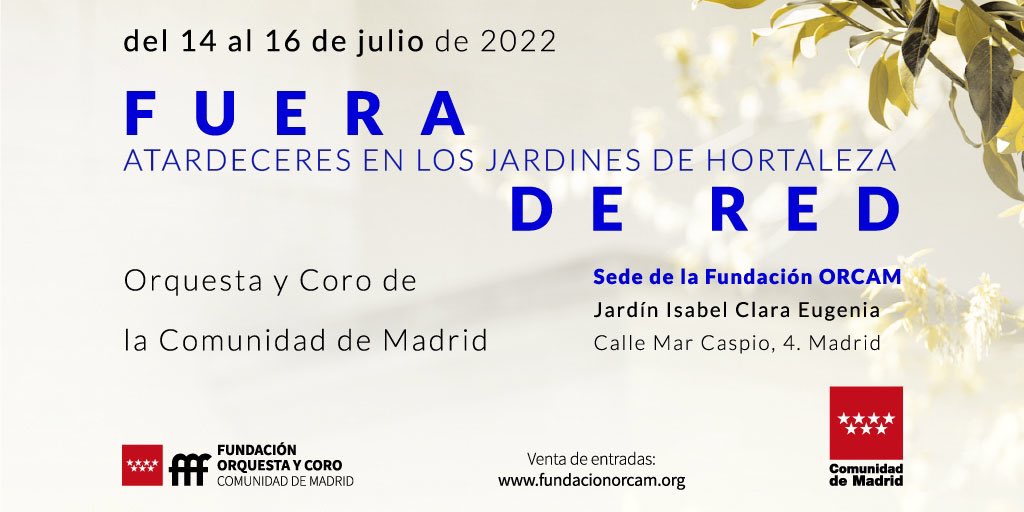 FundacionORCAM's tweet photo. ☀️ ¡Vuelve el festival #FueradeRed consolidándose como una de las citas culturales del verano madrileño!
Dos programas, uno sinfónico y otro polifónico, en 3 conciertos, los días 14, 15 y 16 de julio. Disfruta de la música también verano en los jardines de nuestra sede. https://t.co/EKBKVajzic
