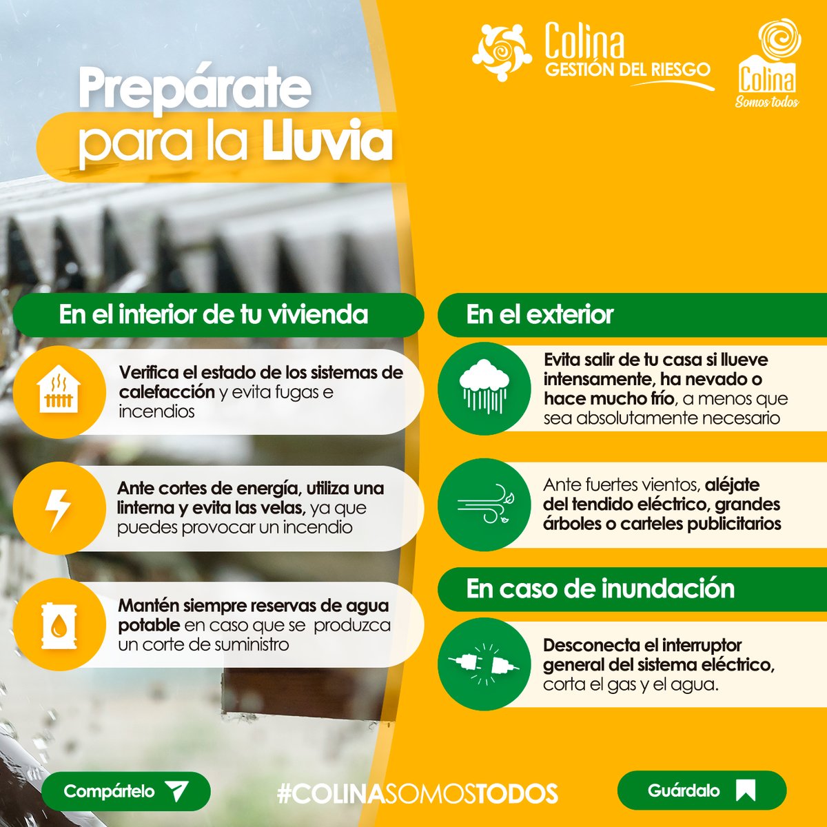 ☔La Dirección Meteorológica de Chile anunció para este fin de semana, un sistema frontal que afectará a la RM y por lo mismo, es importante estar preparados. A continuación, compartimos con ustedes algunos consejos de cómo proteger nuestras viviendas de esta anunciada lluvia.
