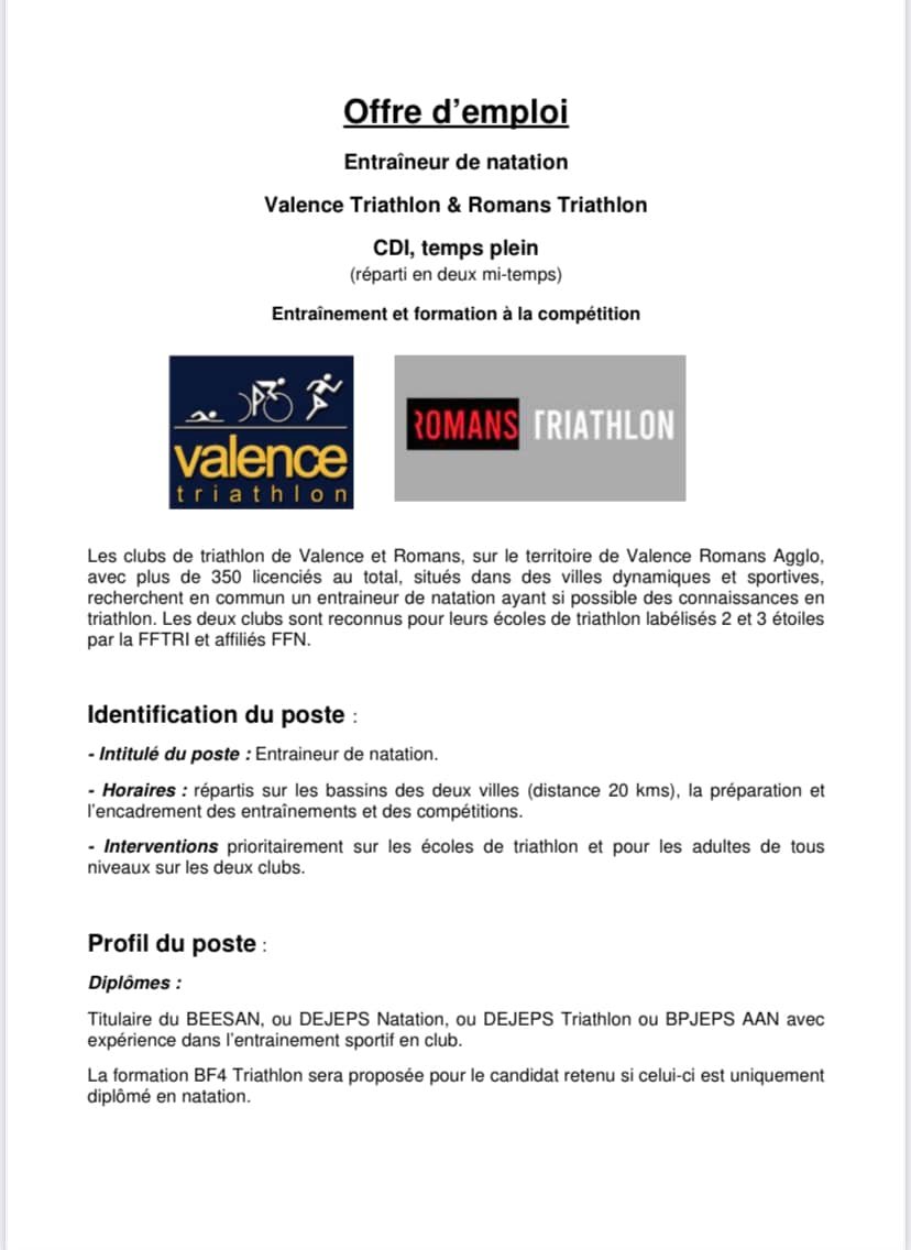 Valence_Tri's tweet image. 📢Offre d’emploi 
Valence Triathlon et Romans Triathlon recrutent un entraîneur commun pour les deux clubs.
Pour les candidats, voir ci dessous ⬇️