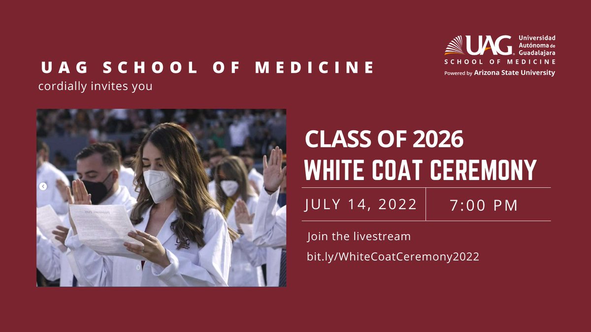 The White Coat Ceremony for the class of 2026 will be held next week on Thursday.

The ceremony will be livestreamed so share this link with your family and friends! bit.ly/WhiteCoatCerem…

#uagsom #uag #medicalschool #premed #medstudent #medtwitter #whitecoatceremony