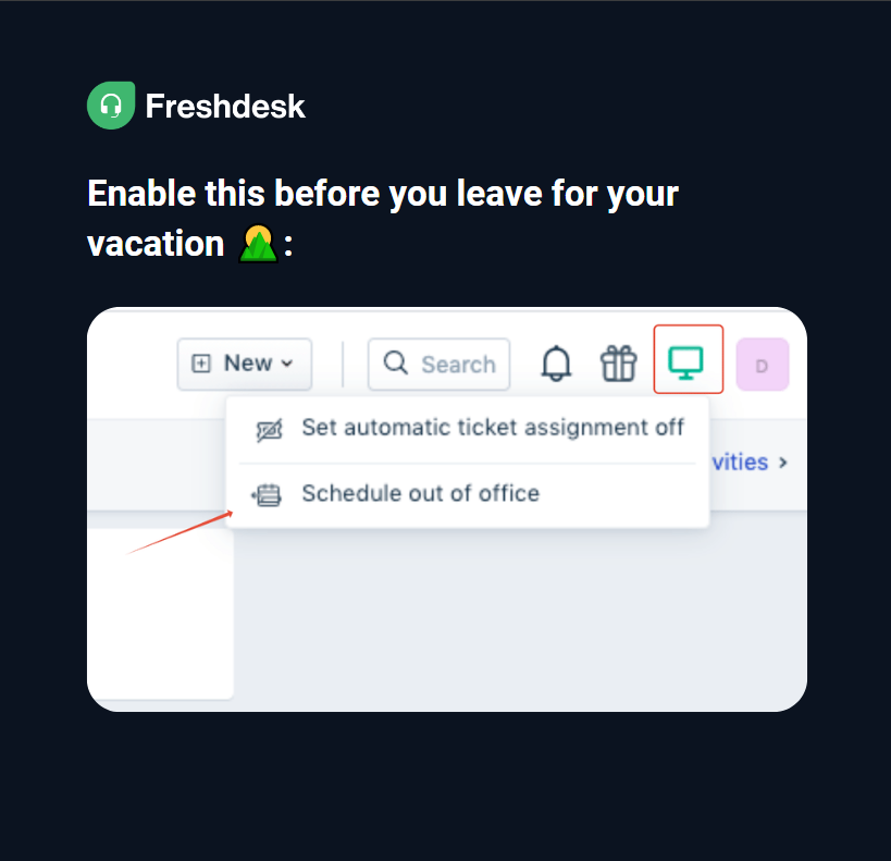 freshdesk's tweet photo. Is someone on your team planning a vacation?
With the Out of office Scheduler, ensure that no new issues get assigned to unavailable agents.
Setup guide: https://t.co/q6GpepkLgc
#freshhacks #customersupport #freshdesk https://t.co/KRqsEFnh5q