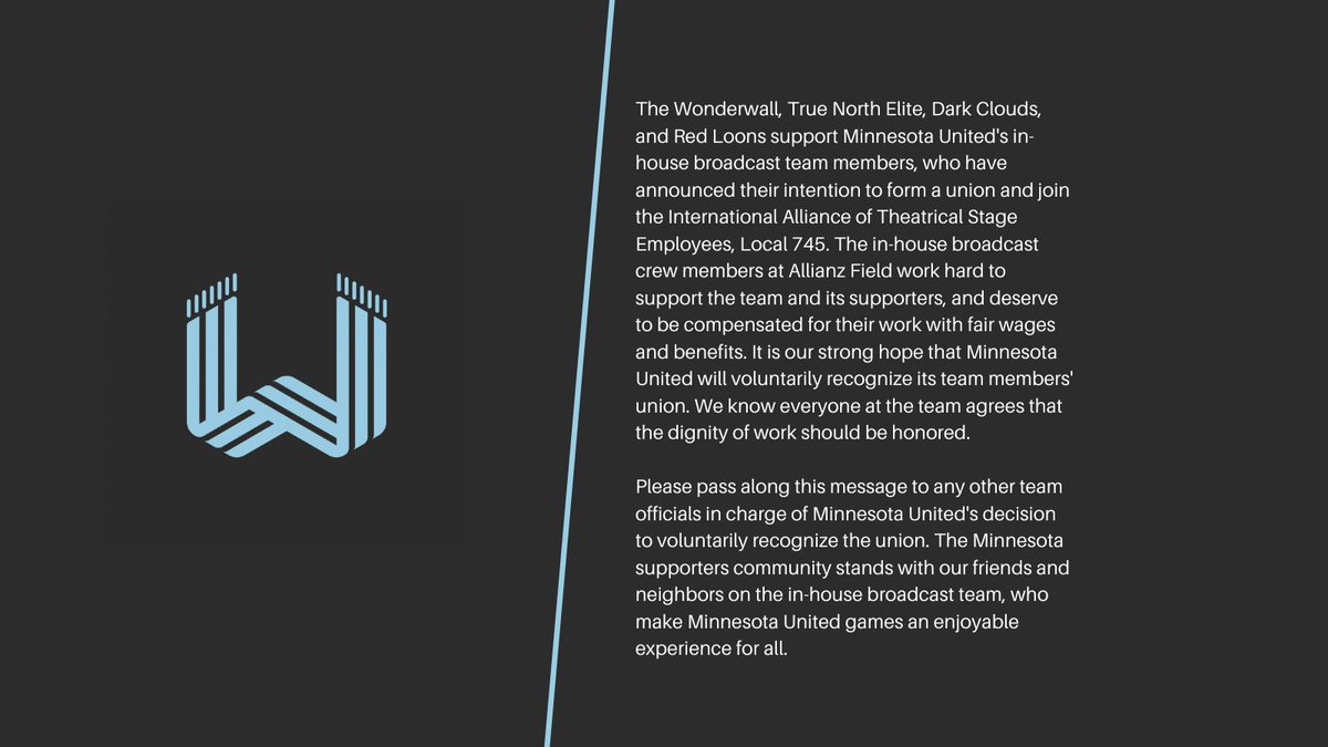 MNWonderwall's tweet photo. Wonderwall and our member SG's stand with @MnufcUnion and call on MNUFC to voluntarily recognize the union https://t.co/MLWlSCKw47