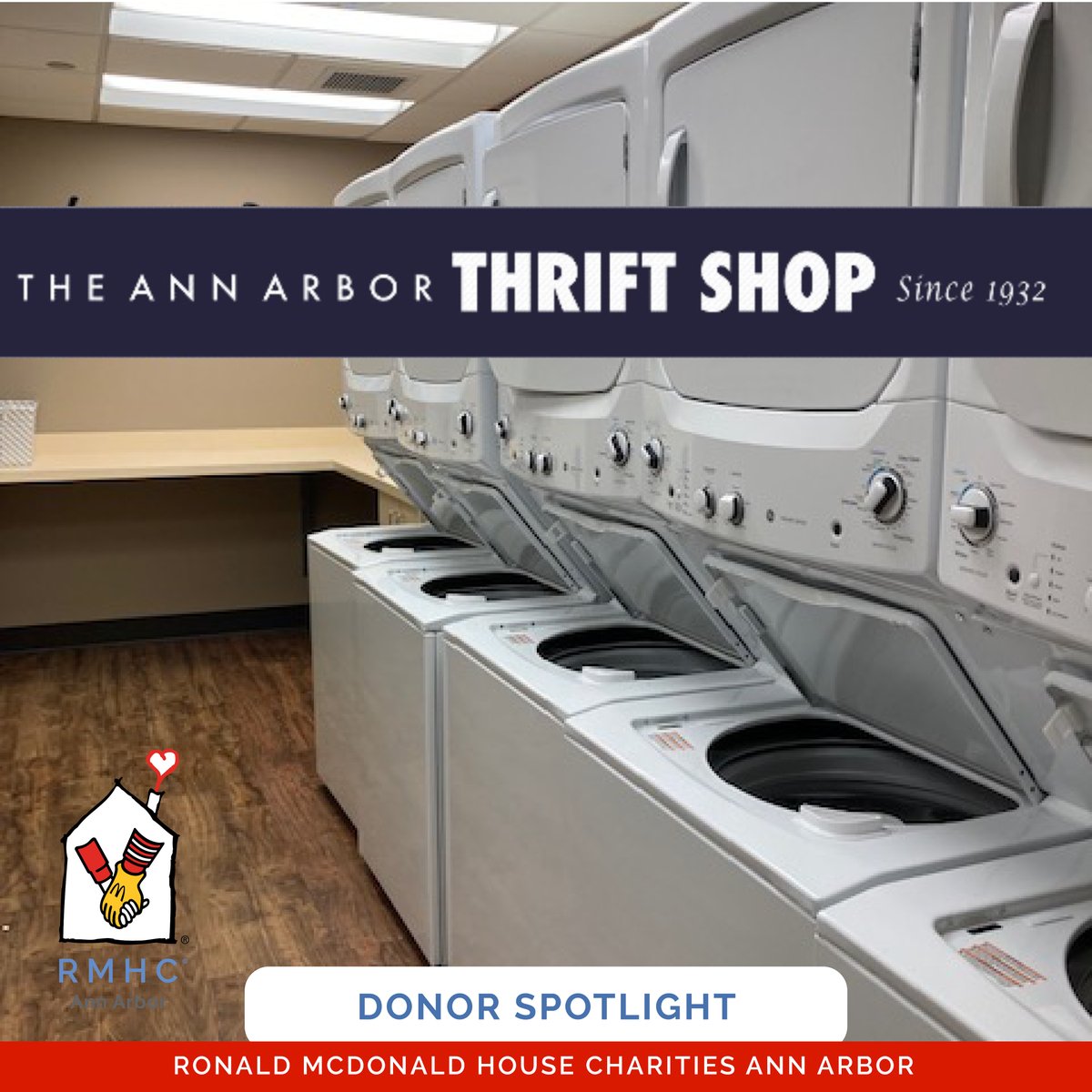 RMHCAA was honored to be the recipient of a Community Impact Grant from the Ann Arbor Thrift Shop to purchase new washer machines and dryers for our Main House laundry room used by families daily. Thanks to the Thrift Shop for helping provide a "home away from home" for families!