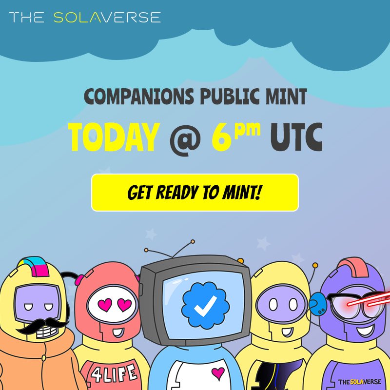 💚✨ Companions Public Mint ✨💚

✨ OPEN NOW! 
✨ 0.069 ETH per mint
✨ Max 10 per tx
✨ Instant access to <a href="/OperationDawn_/">Operation Dawn (P2E)</a> 
✨ Start earning $SOLA today!

Mint Page 👇

thesolaverse.com/companions/mint

Reveal will take place on Sunday @ 6PM UTC 🔥

#NFT #PlayToEarn #Metaverse