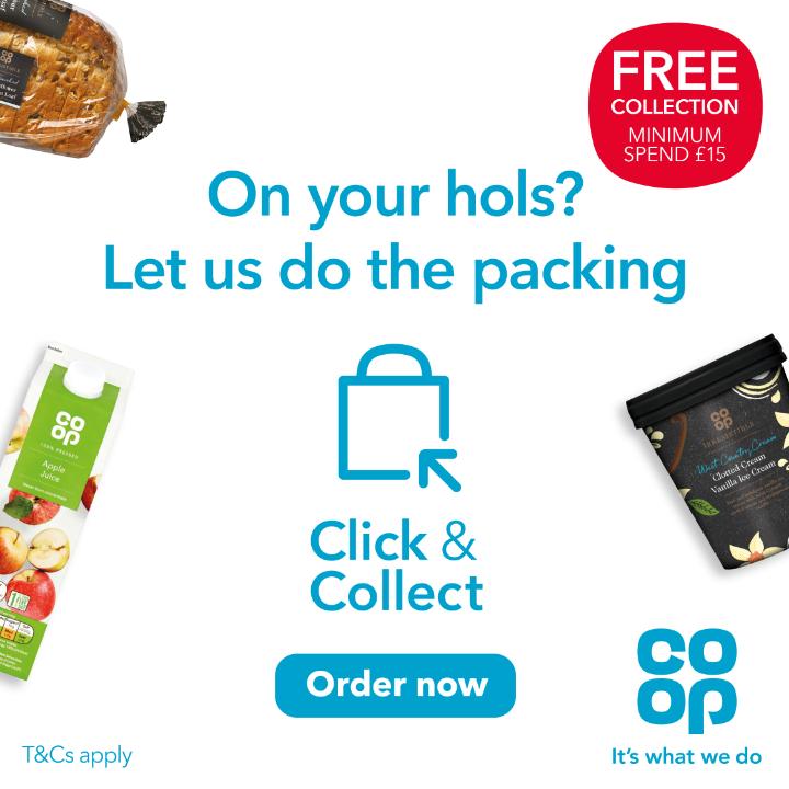 Need shopping whilst you're on holiday? We'll do the packing for you! Spend £15 and get free collection in your local <a href="/coopuk/">Co-op</a> 🙌 shop.coop.co.uk 📲