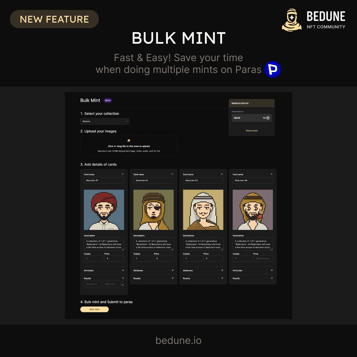 bedune_io's tweet photo. New feature released ✨

For creator on Paras

"Bulk Mint" - Fast &amp; Easy! Save your time when doing multiple mints on Paras. Try it out for free! 👉🏻 https://t.co/5G5W9URhK7

#Bedune #NFTPlatform #NFTCalendar #NFTEvent #NFTNews #NFTCommunity #NFT #NFTs #Paras #ParasNFT #NFTUtility https://t.co/9CtiUKpxFK