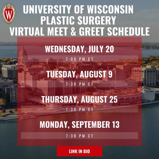 Let the 2022 “Meet and Greets” begin!! <a href="/WiscPlasticSurg/">UW Plastic Surgery</a> invites Match 2023 applicants to get to know our amazing plastic surgery residency program and <a href="/WiscSurgery/">UW-Madison Department of Surgery</a>. Please register at linktr.ee/wiscplasticsur…. We look forward to meeting you this summer and fall.