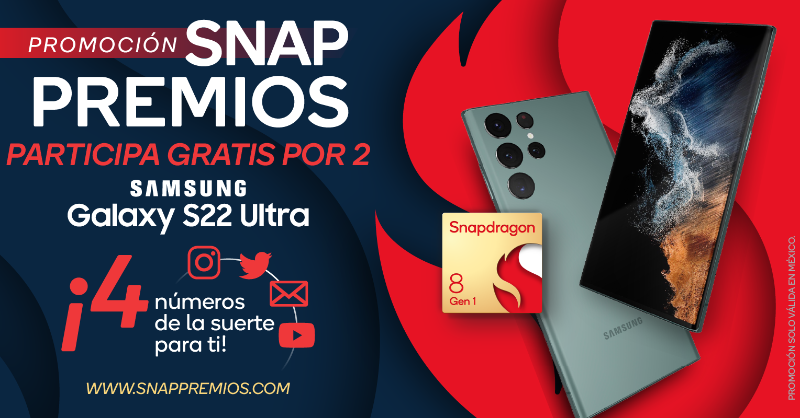 snapdragon_LAT's tweet photo. ¿Hora de cambiar de smartphone? ¡Regístrate en la Promoción SnapPremios #Snapdragon y gana 2 #GalaxyS22Ultra #Samsung! No necesitas comprar nada. Tienes 4 números de la suerte. ¡Participa todos los meses! Solo México. 30/07!