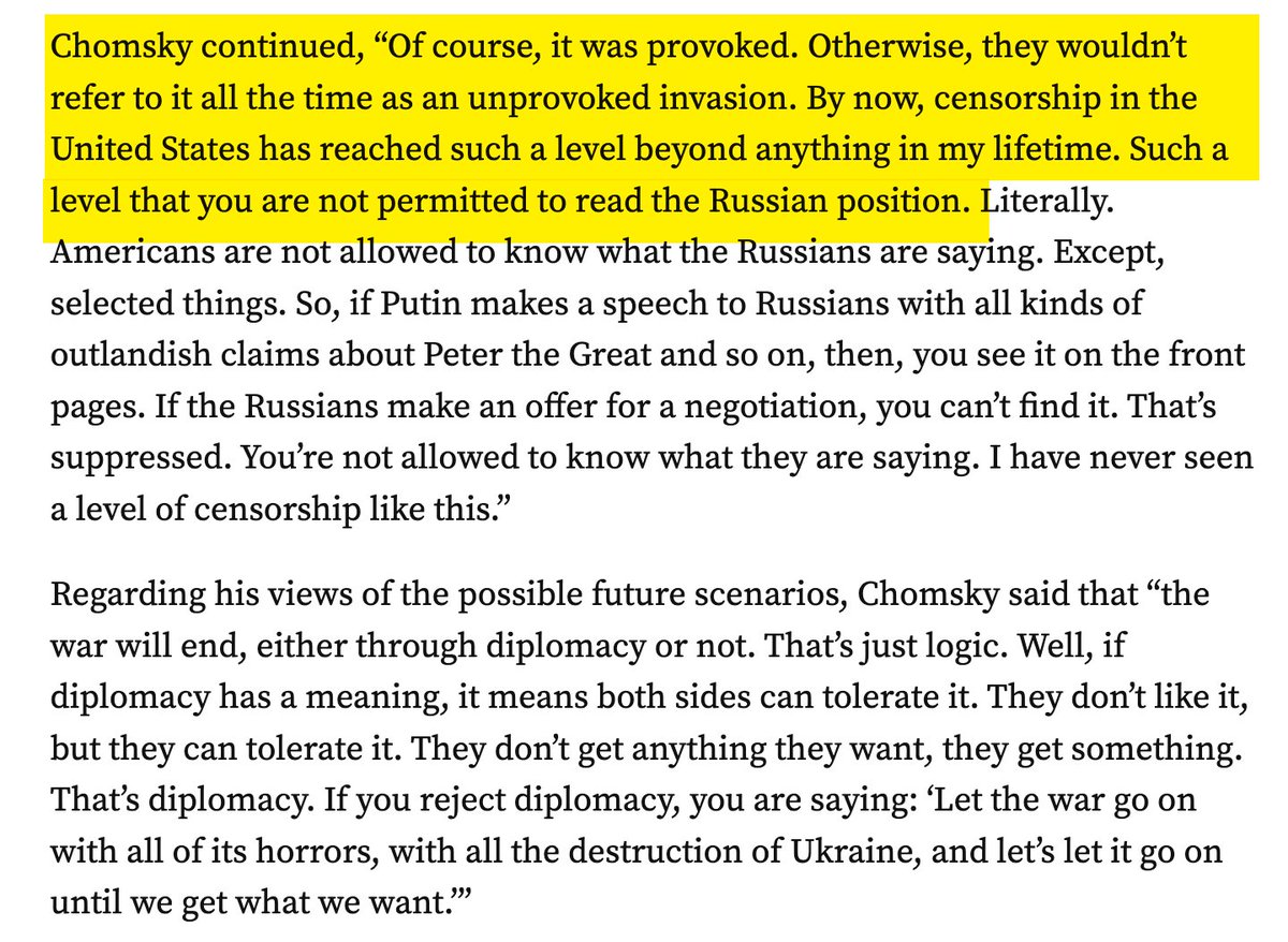 Chomsky says: in his long life, he has never seen censorship in the West like that which has been imposed in the name of the war in Ukraine. 

Again, regardless of your views on this war, nobody should favor a closed system of propaganda (via <a href="/medialens/">Media Lens</a>):

counterpunch.org/2022/06/28/not…