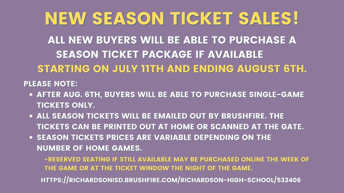 ‼️Ticket information!‼️
<a href="/RichardsonHS1/">Richardson HS</a> #StayPurple