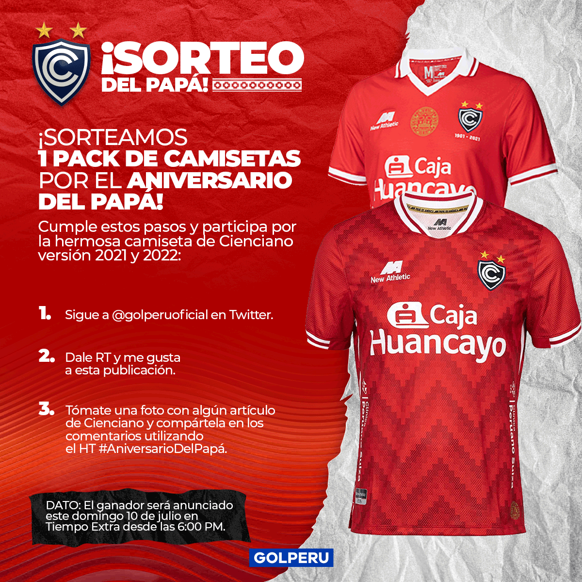 GOLPERUoficial's tweet photo. ¡SORTEAZO! Con motivo del 121 aniversario de @Club_Cienciano ❤️ del Cusco vamos a regalar 1 increíble pack de camisetas 🎽🎽. Cumple los requisitos que aparecen en la imagen ⬇️ y estarás participando por esta hermosa camiseta versión 2021 y 2022 😍. #AniversarioDelPapá https://t.co/sljy5rfUAu