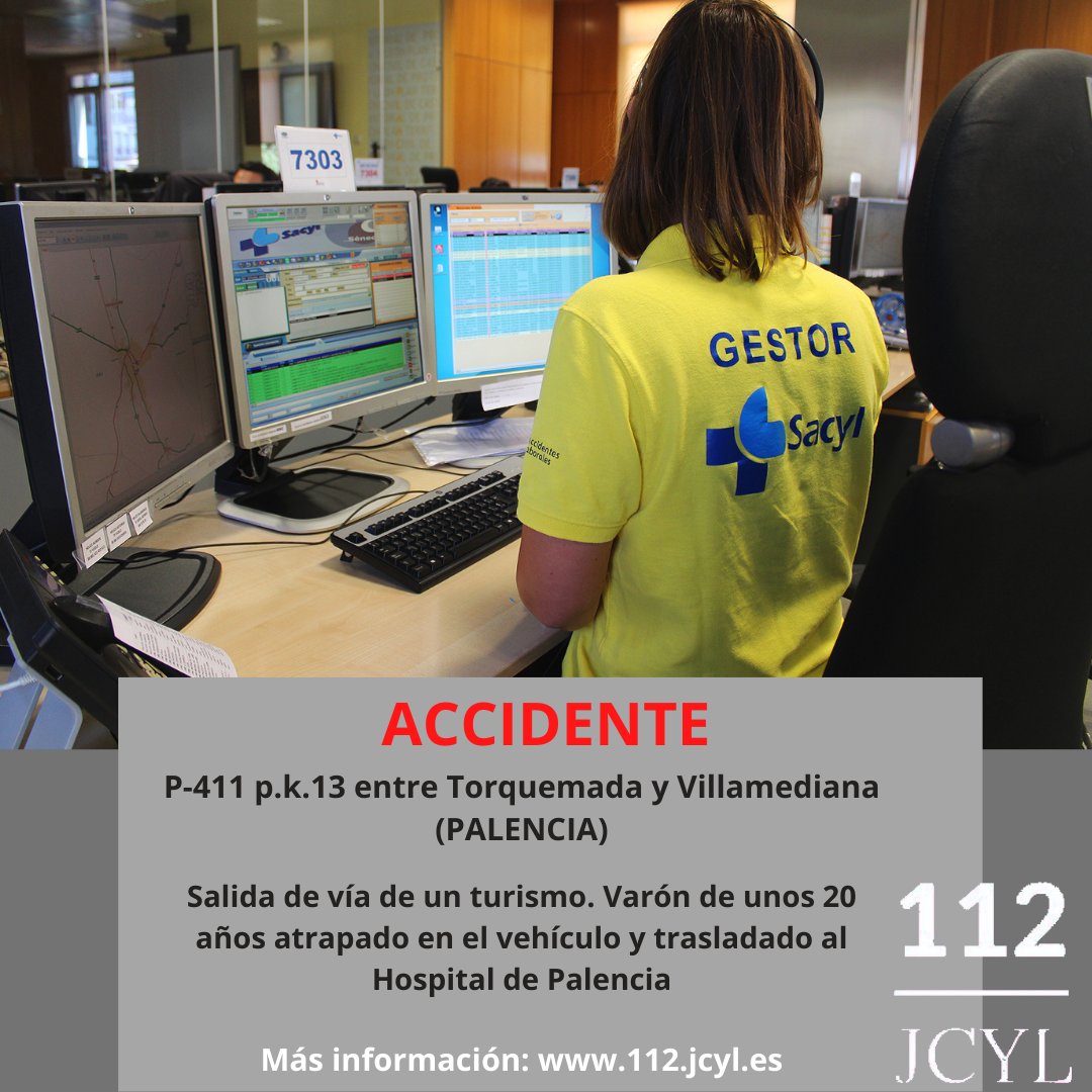 112cyl's tweet photo. 🚑 | Emergencias 112cyl | 18:38 horas. Salida de vía de un turismo en la P-411 p.k.13 entre Torquemada y Villamediana #Palencia. Se da aviso a #BomberosPalencia porque el conductor se encontraba atrapado. Fue trasladado en 🚁 al Complejo Asistencial Universitario de Palencia. https://t.co/F1hDmfy9Nr