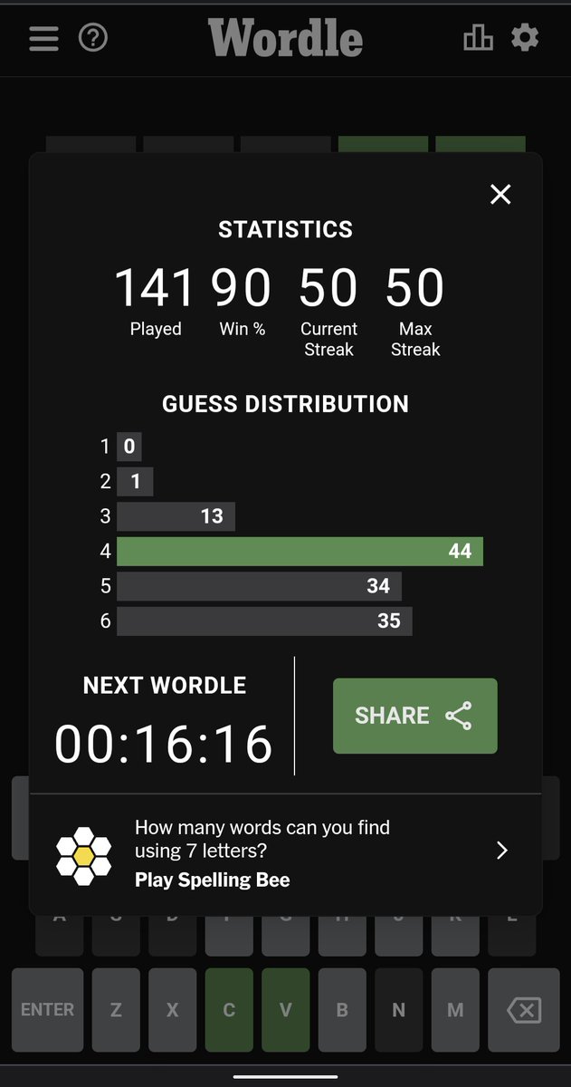 #Wordle384 4/6

⬛⬛⬛🟩🟩
⬛⬛⬛🟩🟩
⬛⬛🟨🟨⬛
🟩🟩🟩🟩🟩

And it's a 50!✌️