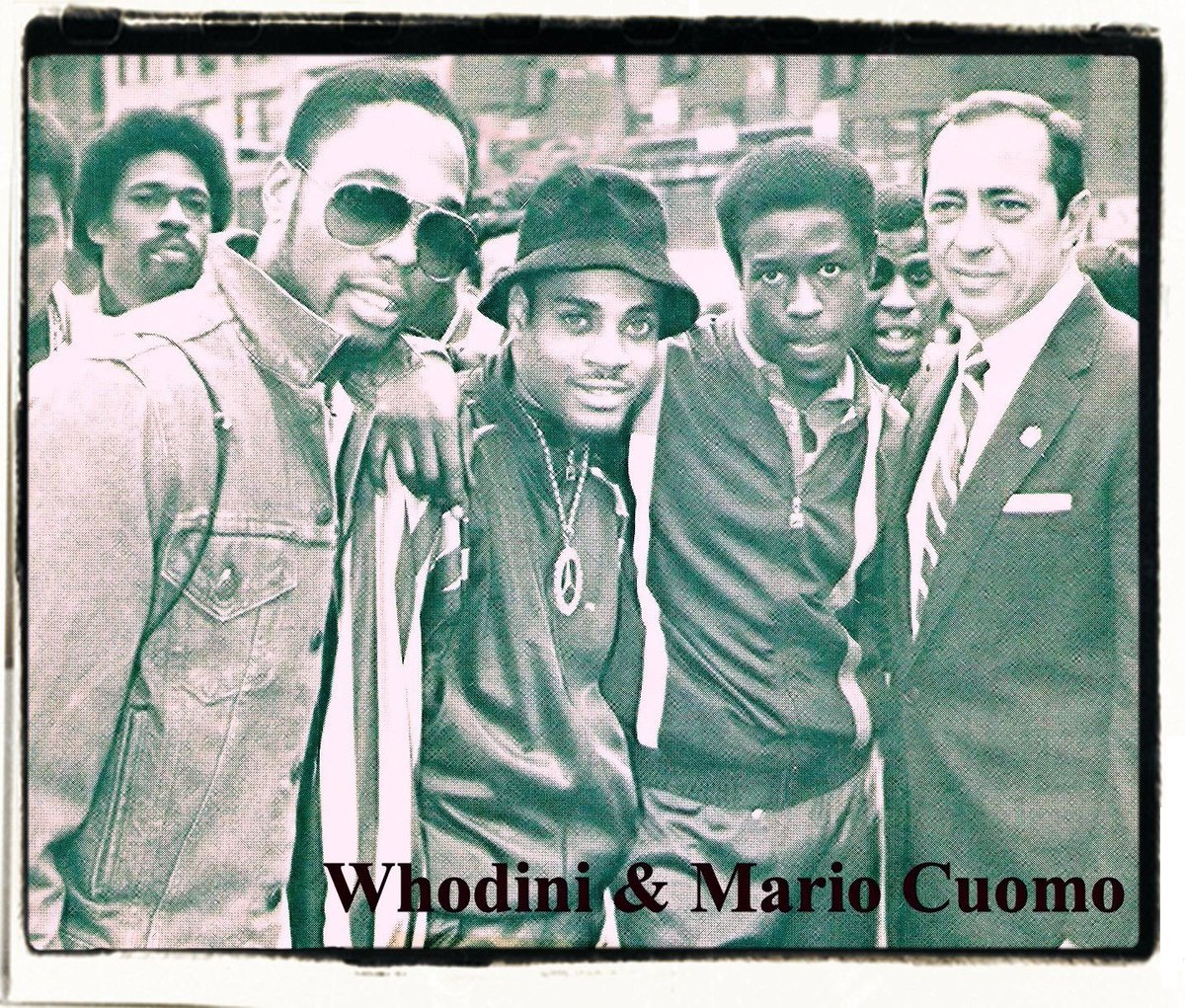 Spanning60Years's tweet photo. Very old Photo of rap group "Whodini," pictured with then, NY governor, the late Mario Quomo. #RapGroups #GOAT #AmericanMusic #RapHistory #BlackMusic https://t.co/DyfMevuxfC