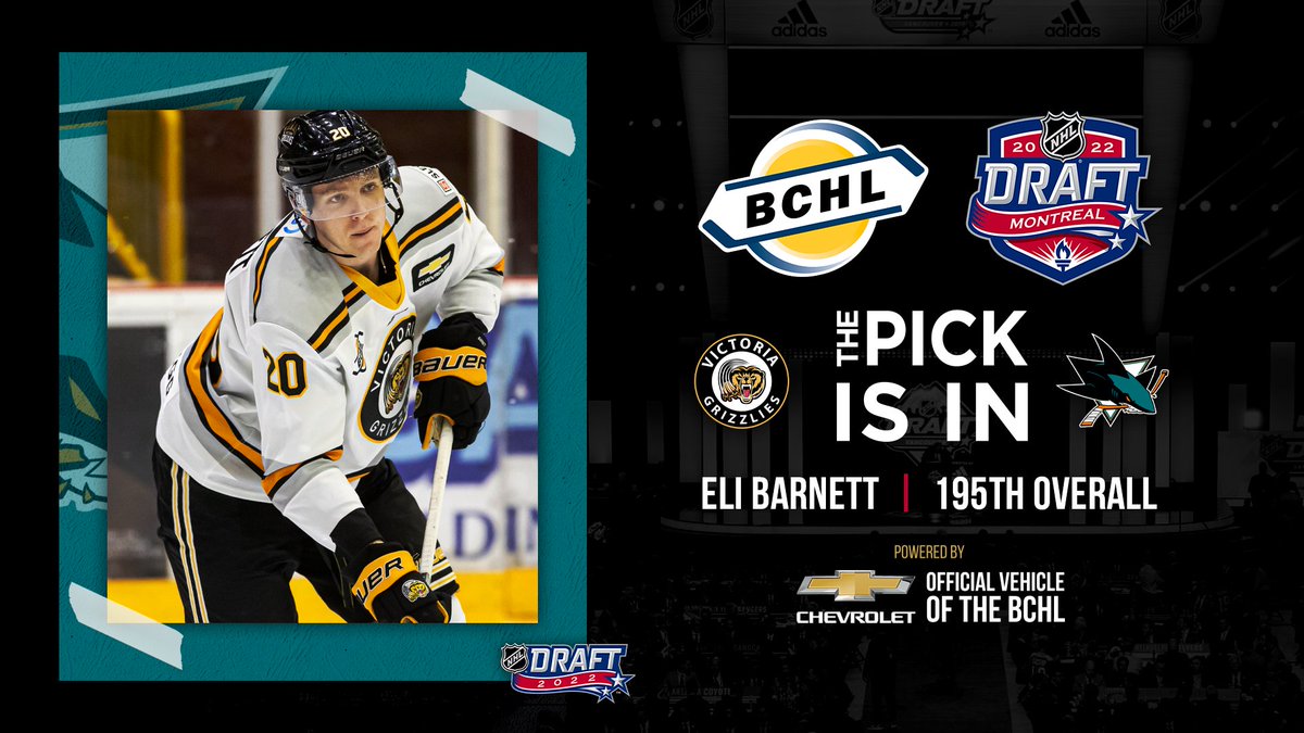 BCHockeyLeague's tweet photo. Victoria Grizzlies defenceman Eli Barnett has been selected in the 7th round of the NHL Draft (195th overall) by the San Jose Sharks!

#NHLDraft | #BCHL 

📸 @garrettjames22 https://t.co/gtlUBU7QLS