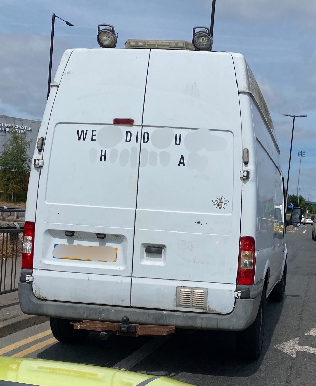 gmptraffic's tweet photo. The driver of this vehicle was stopped by #XT51 for using his mobile phone. Shame he wasn’t ringing a taxi. Checks revealed he was a non licence holder, with no insurance. His van also had a bald tyre 🤦♂️ Vehicle seized #165 and driver reported for all offences @DriveInsured https://t.co/kXSYEpoKTI