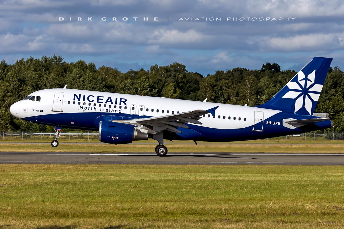 digro65's tweet photo. literally a nice (North Iceland) visitor, the sole aircraft of the new Akureyri based airline #Niceair A319 9H-XFW (leased from @hifly_airline , former Airbus Toulouse-Hamburg shuttle) at @HamburgAirport today... https://t.co/8x2gACriXE