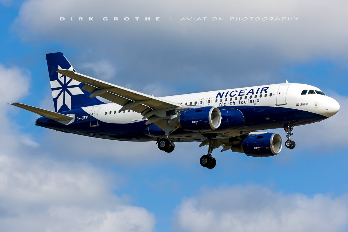 digro65's tweet photo. literally a nice (North Iceland) visitor, the sole aircraft of the new Akureyri based airline #Niceair A319 9H-XFW (leased from @hifly_airline , former Airbus Toulouse-Hamburg shuttle) at @HamburgAirport today... https://t.co/8x2gACriXE