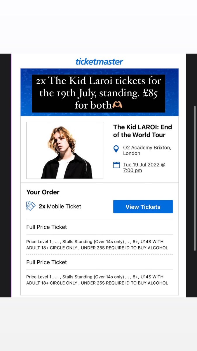 darclynch's tweet photo. Selling 2 The Kid Laroi Tickets for 19 Jul, standing ✌🏼 https://t.co/YqmtWyOBlv