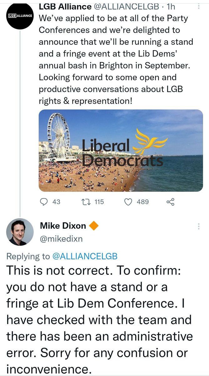 no1guncle's tweet photo. The CEO of the Lib Dems telling the LGB Alliance they can't come to his party https://t.co/YkxqH4bwKb